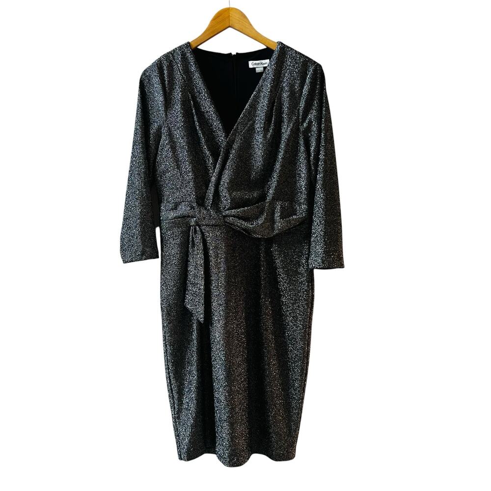 Calvin Klein Gray Silver Glittery V Neck Dress Size 12